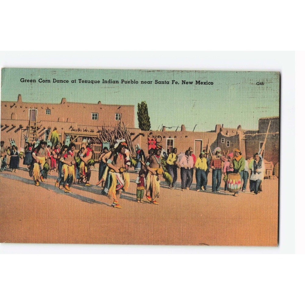 Vintage Green Corn Dance Tesuque Pueblo New Mexico Linen Postcard G45